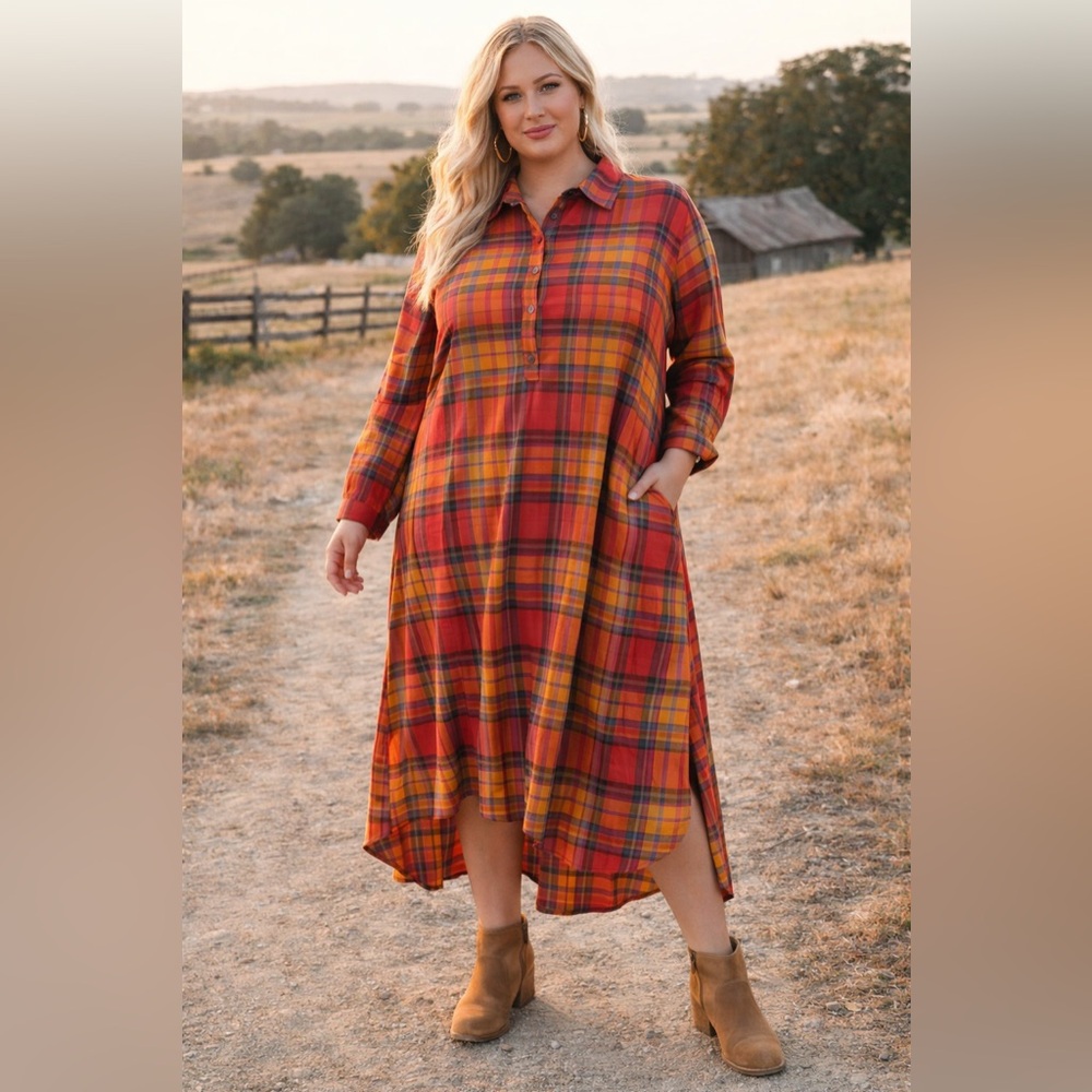 Roaman’s Orange Plaid Midi Maxi Shirt Dress Plus 32 4XL 5XL Fall Autumn Classic